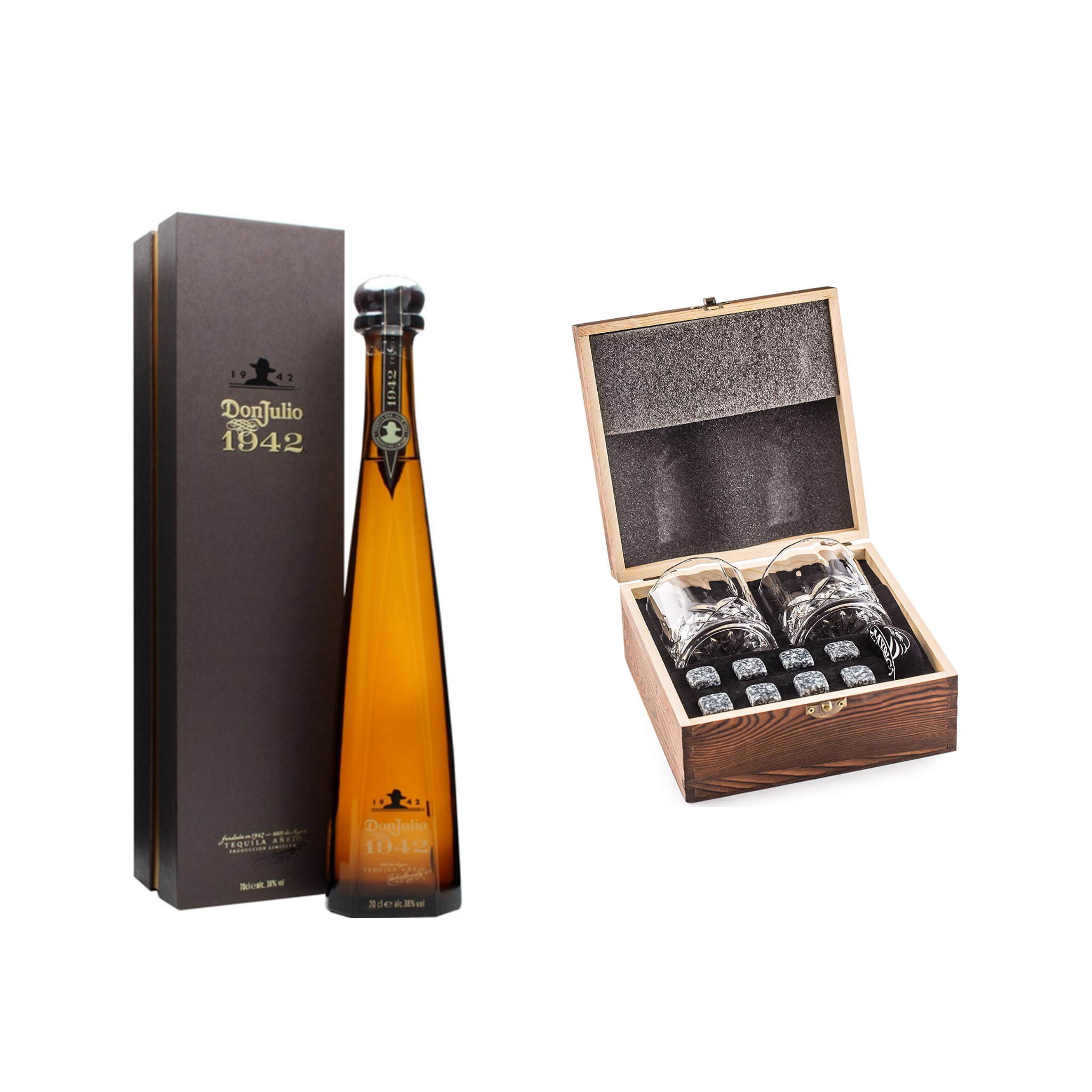 Don Julio 1942 Tequila Añejo gift set with 12 shot glasses, featuring a premium liquor bottle and elegant gift packaging.