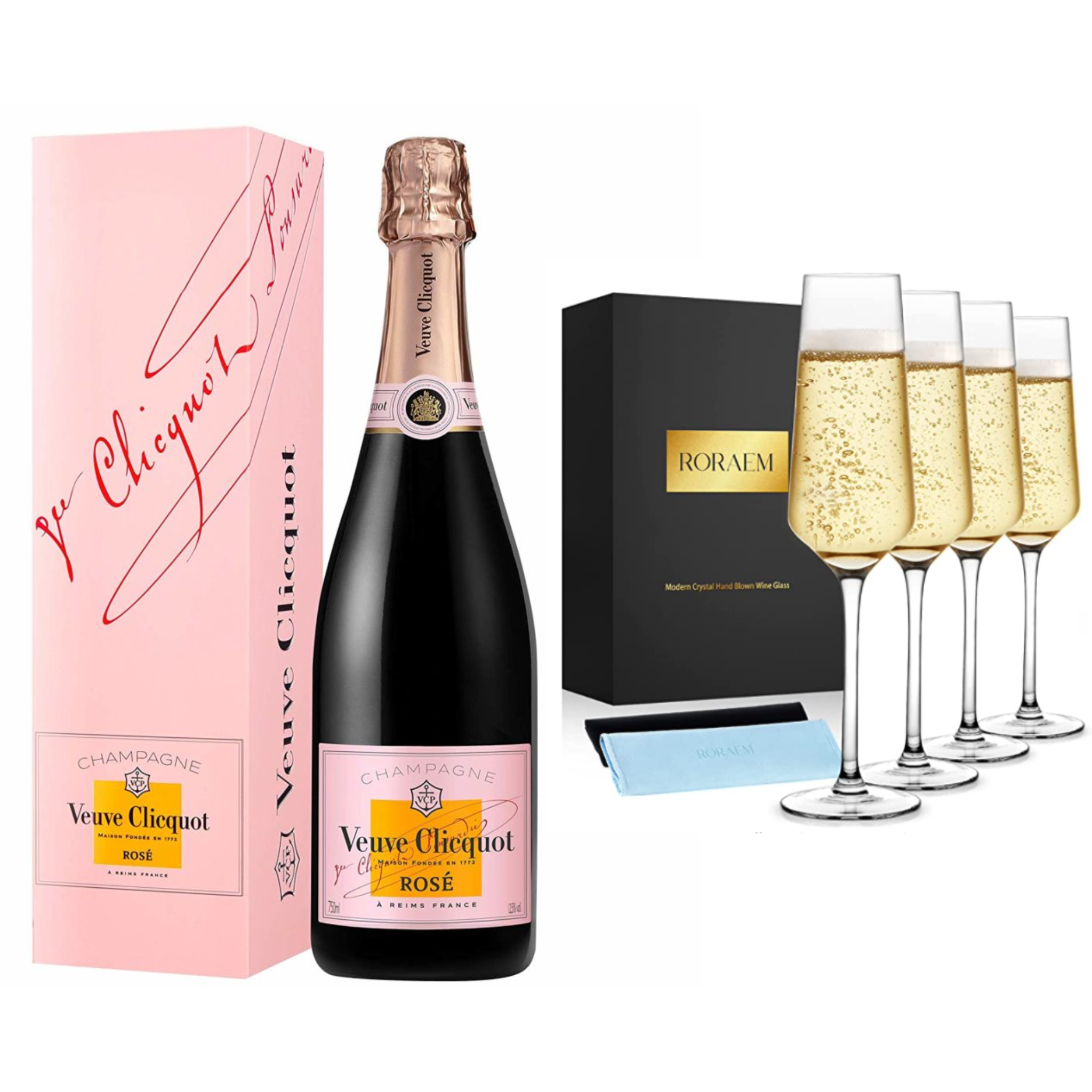 Veuve Clicquot Rosé champagne with four glasses in a gift set, presented by Liquor Geeks, ideal for celebratory occasions