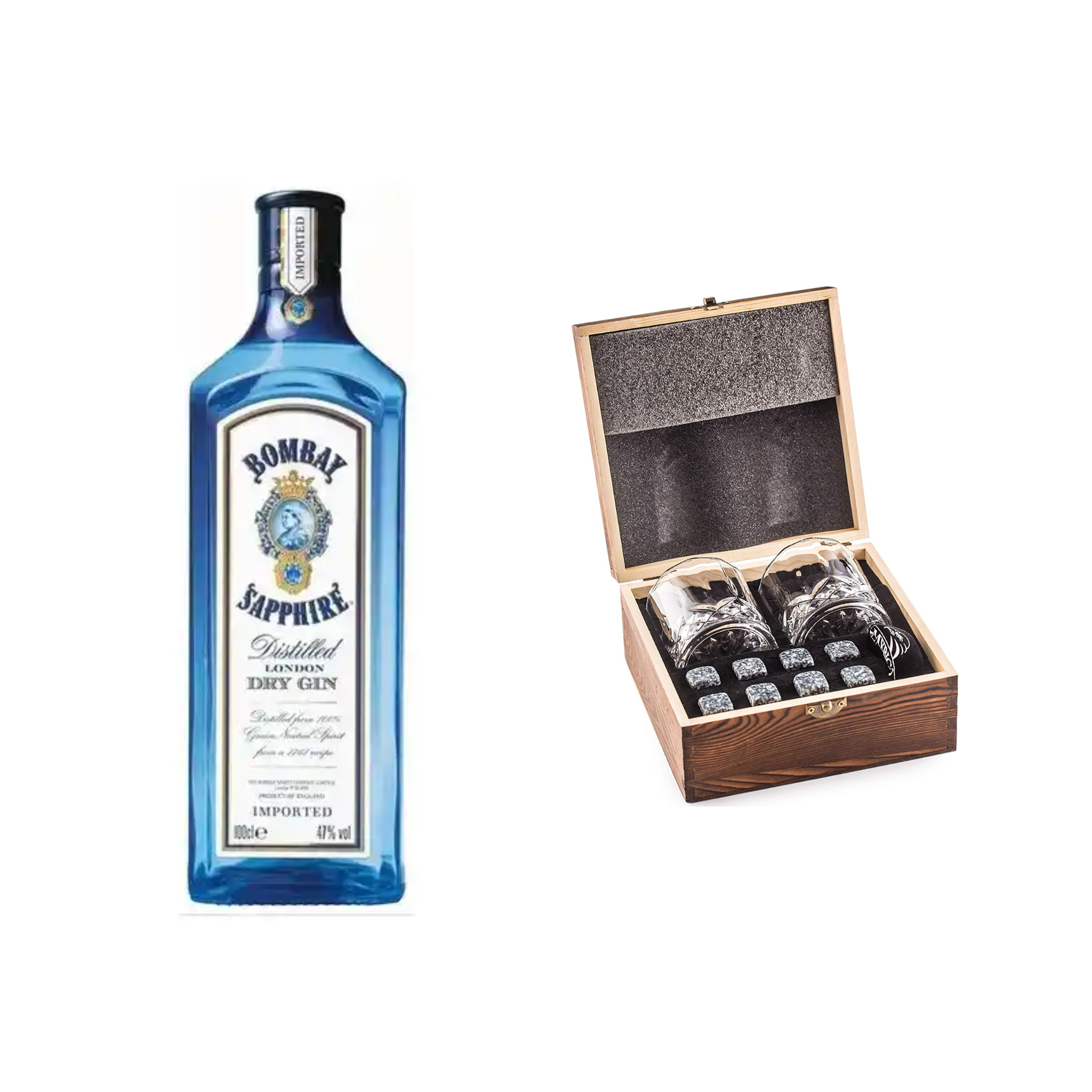 Set of Bombay Sapphire Gin with a glass and gift box from Liquor Geeks, featuring a bottle of premium blue gin and elegant glass.