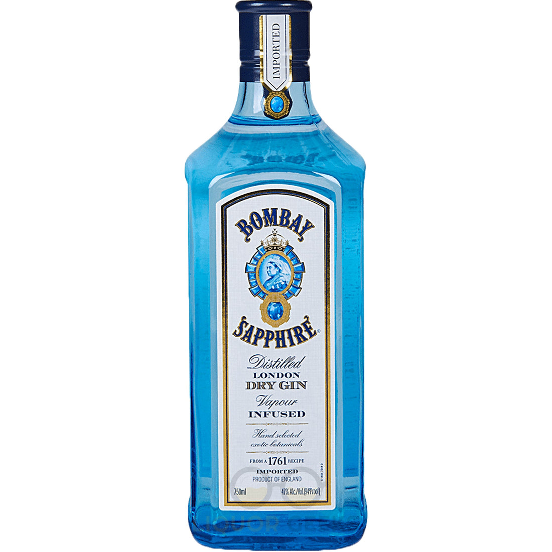 Bottle of Bombay Sapphire Gin with distinctive blue glass and label, displayed on a clear surface.