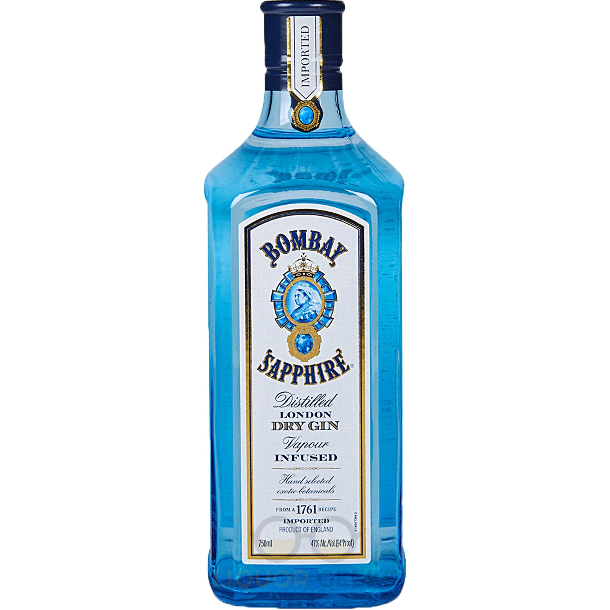 Bottle of Bombay Sapphire Gin with distinctive blue glass and label, displayed on a clear surface.