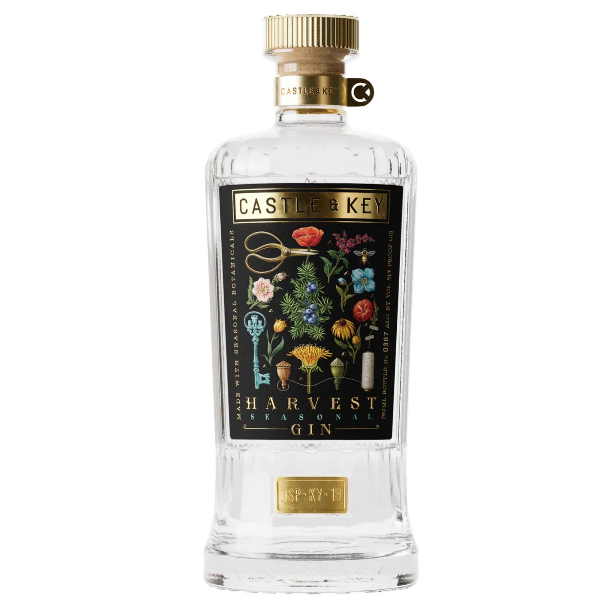 Castle &amp; Key Harvest Gin bottle from Liquor Geeks, showcasing the 750ml gin with a detailed label and elegant packaging.