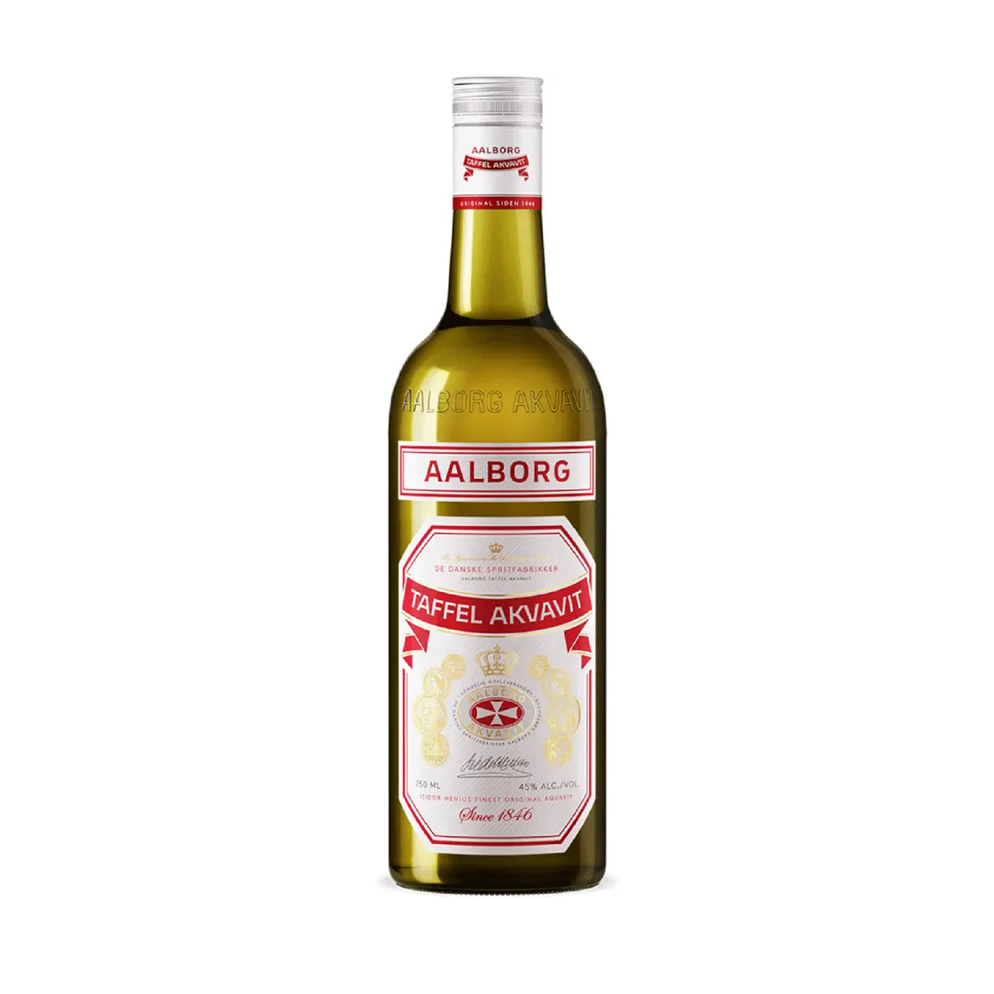Bottle of Aalborg Taffel Aquavit liqueur by Liquor Geeks, 700ml, with clear label and traditional Nordic design.