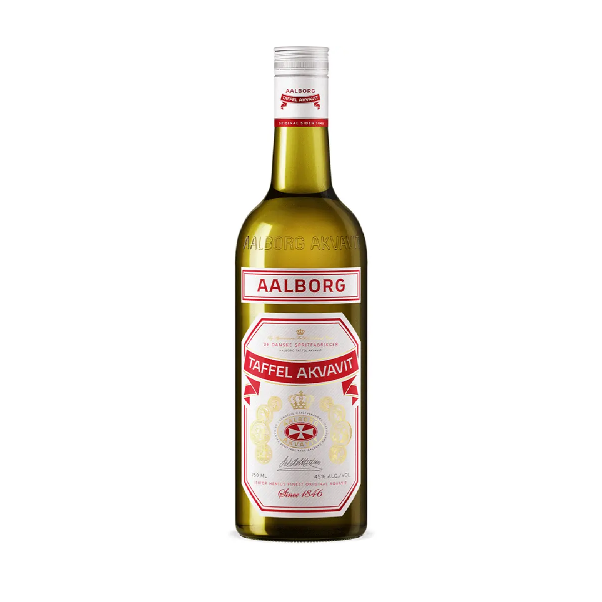 Bottle of Aalborg Taffel Aquavit liqueur by Liquor Geeks, 700ml, with clear label and traditional Nordic design.