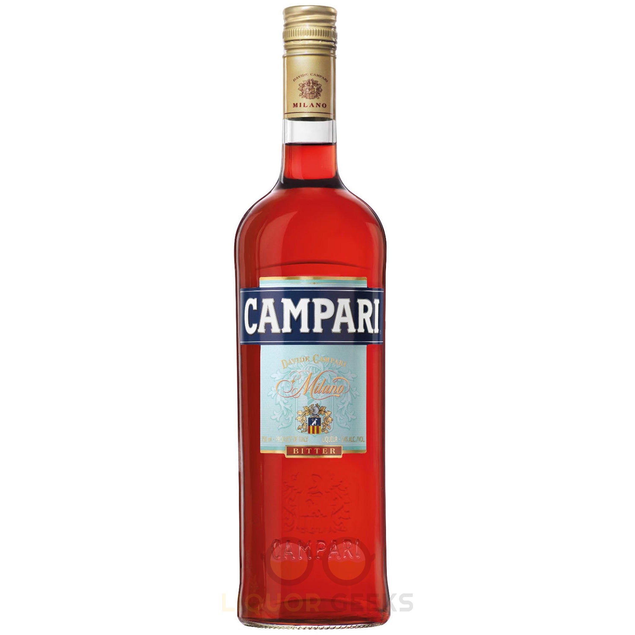 Bottle of Liquor Geeks Campari Aperitivo liqueur in 750ml bottle, with red-colored liquid and label visible.