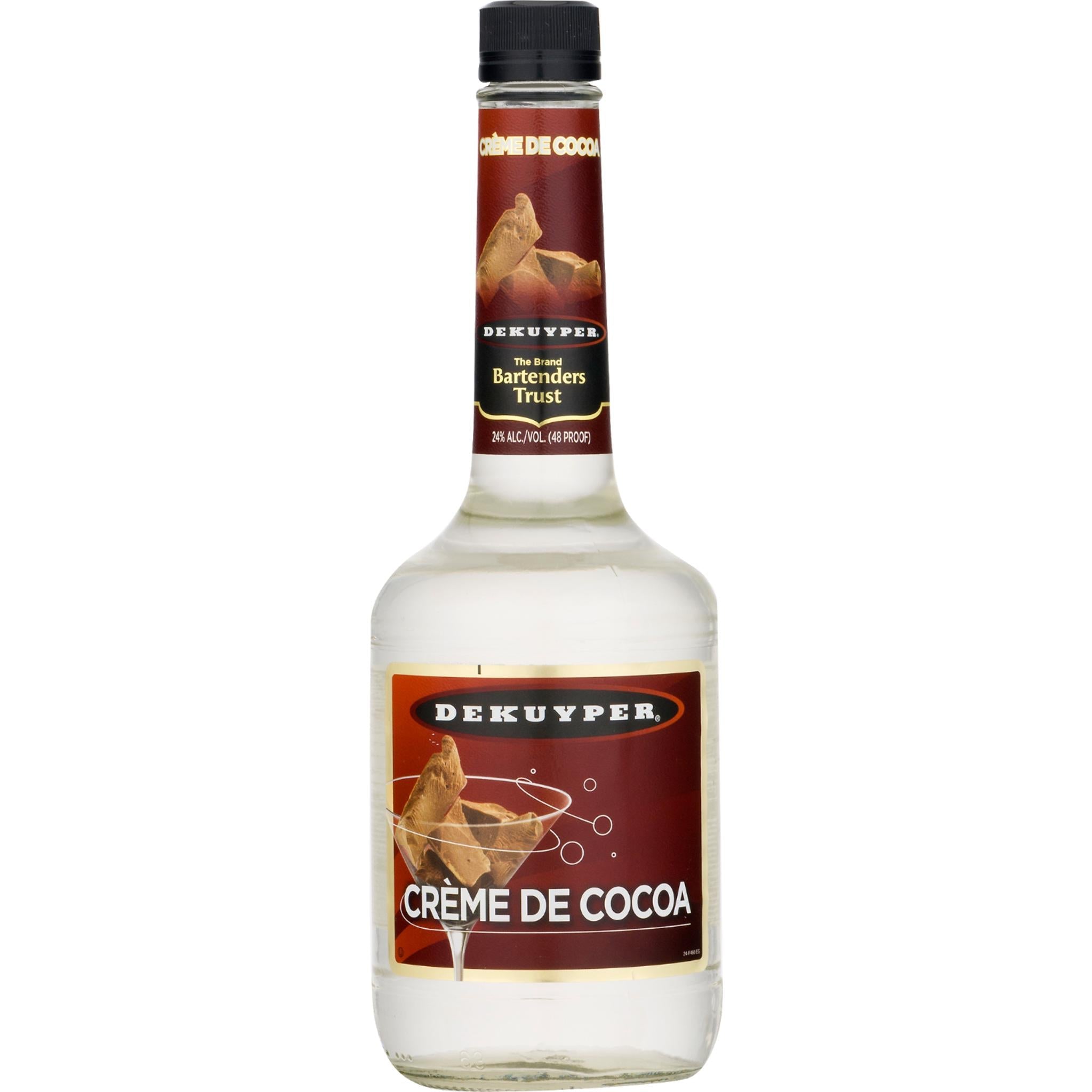 White Creme De Cacao liqueur bottle by Dekuyper, 750ml, with label and packaging visible.