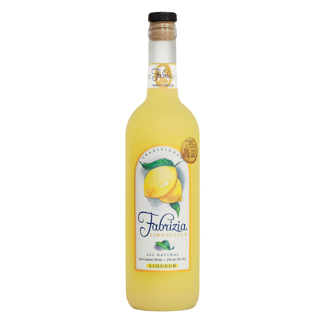 Fabrizia Limoncello Liqueur bottle from Liquor Geeks, 750ml, with bright yellow lemon-flavored liqueur in clear glass bottle.