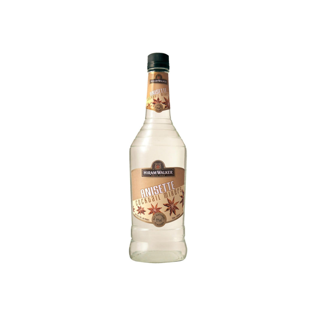 Hiram Walker Anisette Liqueur in a 750ml bottle, featuring clear glass and label with brand and product details.