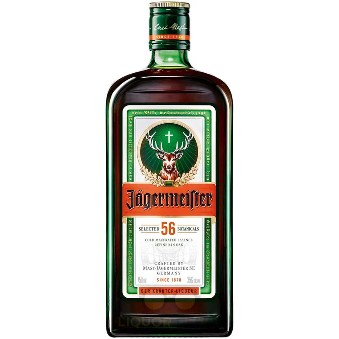 Bottle of Jagermeister herbal liqueur by Liquor Geeks, 750ml, with distinctive dark green bottle and Jagermeister label.