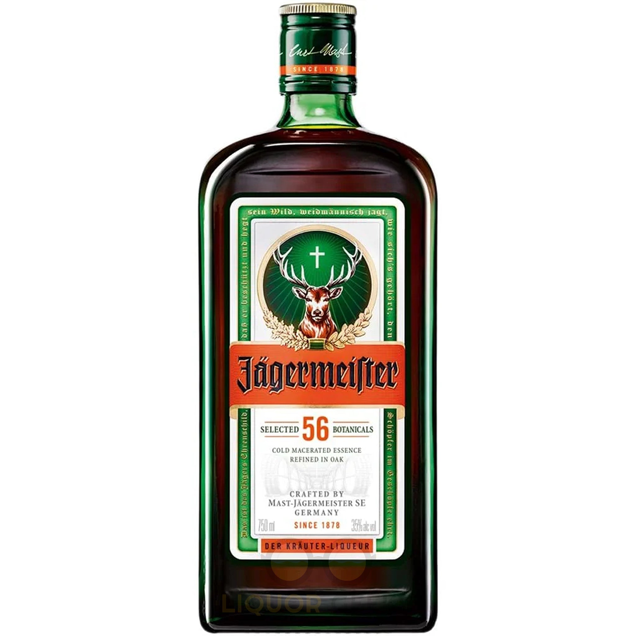 Bottle of Jagermeister herbal liqueur by Liquor Geeks, 750ml, with distinctive dark green bottle and Jagermeister label.