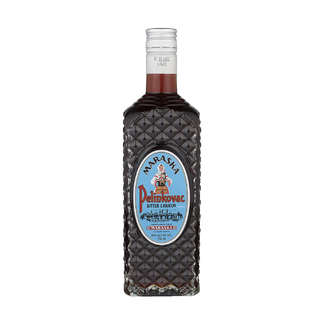 Bottle of Maraska Pelinkovac Liqueur from Liquor Geeks, 750ml, featuring a dark-colored liqueur in a clear glass bottle.