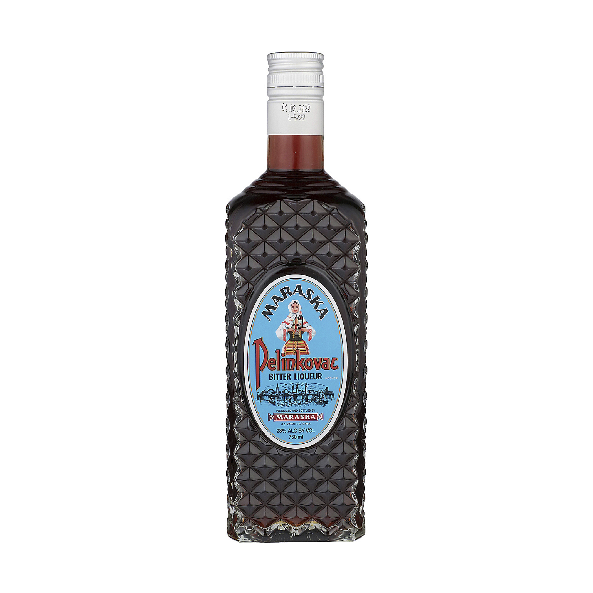 Bottle of Maraska Pelinkovac Liqueur from Liquor Geeks, 750ml, featuring a dark-colored liqueur in a clear glass bottle.