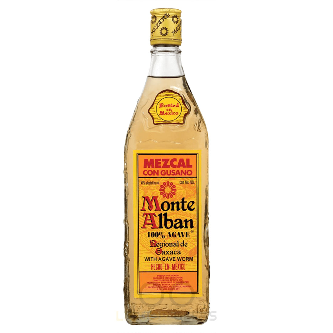 Bottle of Monte Alban Mezcal with gusano worm, 750ml, from Liquor Geeks, featuring a clear glass bottle and dark mezcal inside.