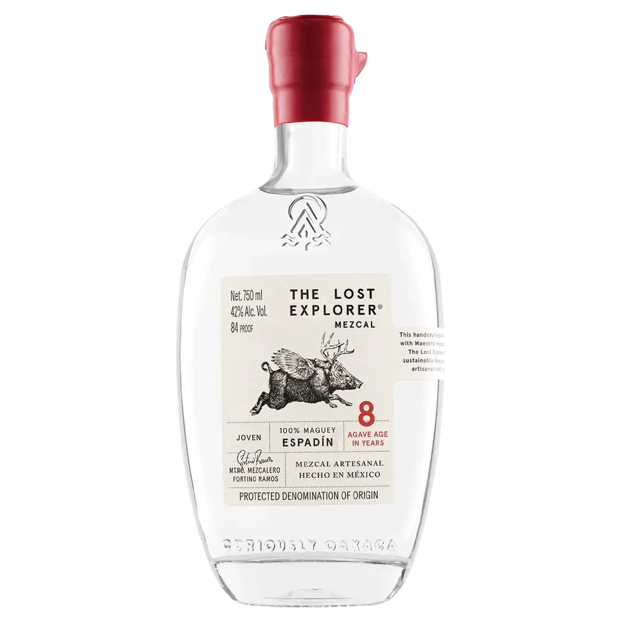 Bottle of Liquor Geeks The Lost Explorer Mezcal Espadin in a 750ml glass bottle with a colorful label.