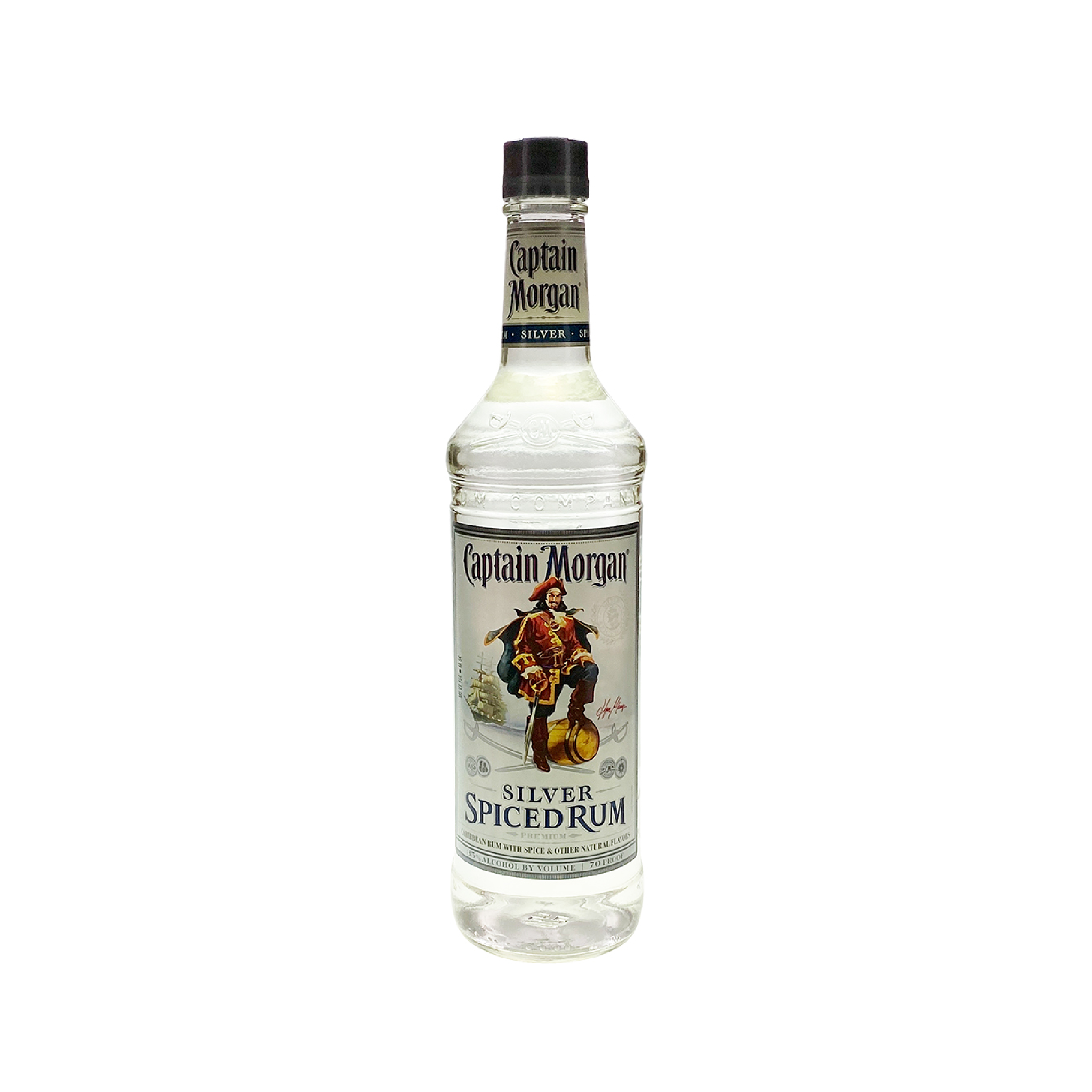 Bottle of Captain Morgan Spiced Rum Silver, a 750ml Liquor Geeks liquor product, with a distinctive label and silver bottle design.