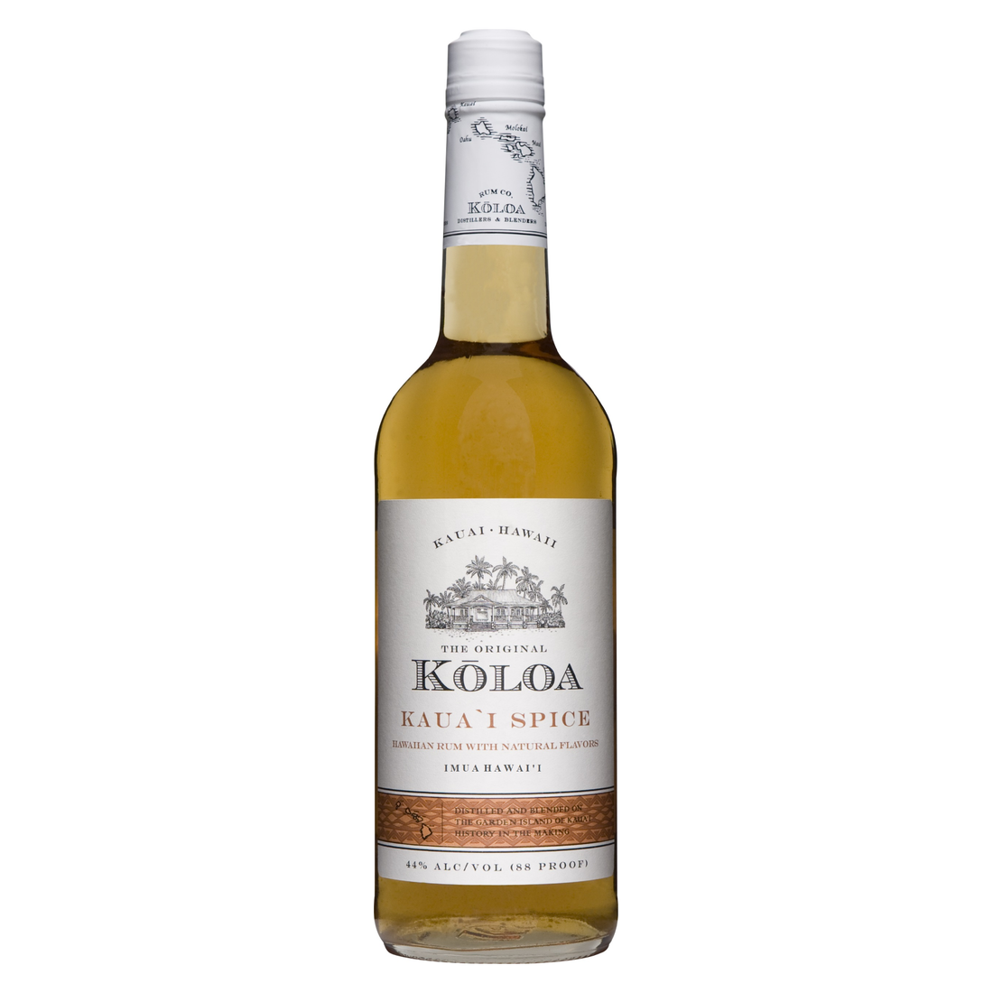 Bottle of Liquor Geeks Koloa Kauai Spiced Rum in a 750ml bottle with a tropical label and dark amber liquid inside.