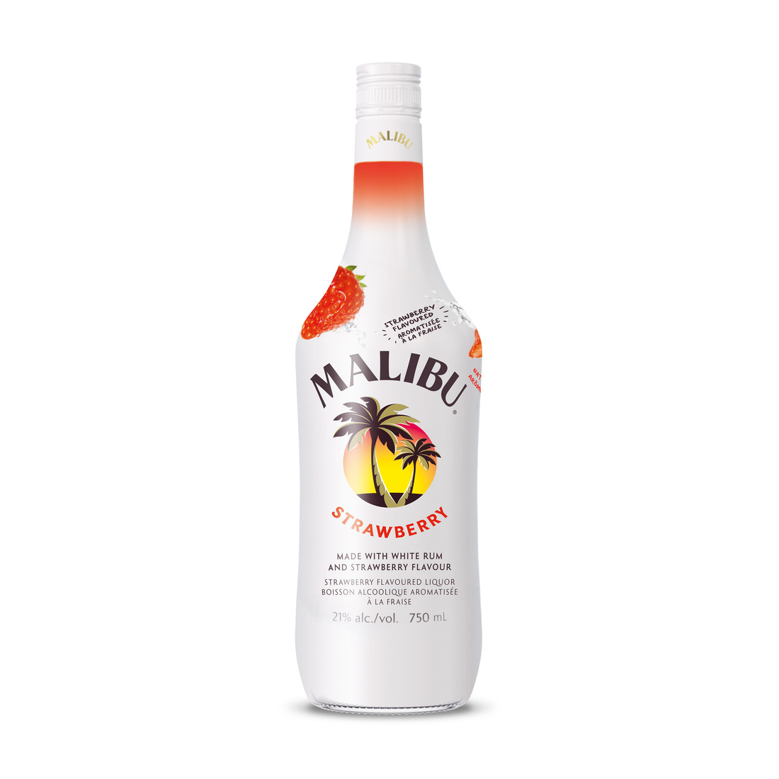 Bottle of Liquor Geeks Malibu Strawberry Flavored Rum in a 750ml bottle, featuring a colorful label with strawberries and tropical design.