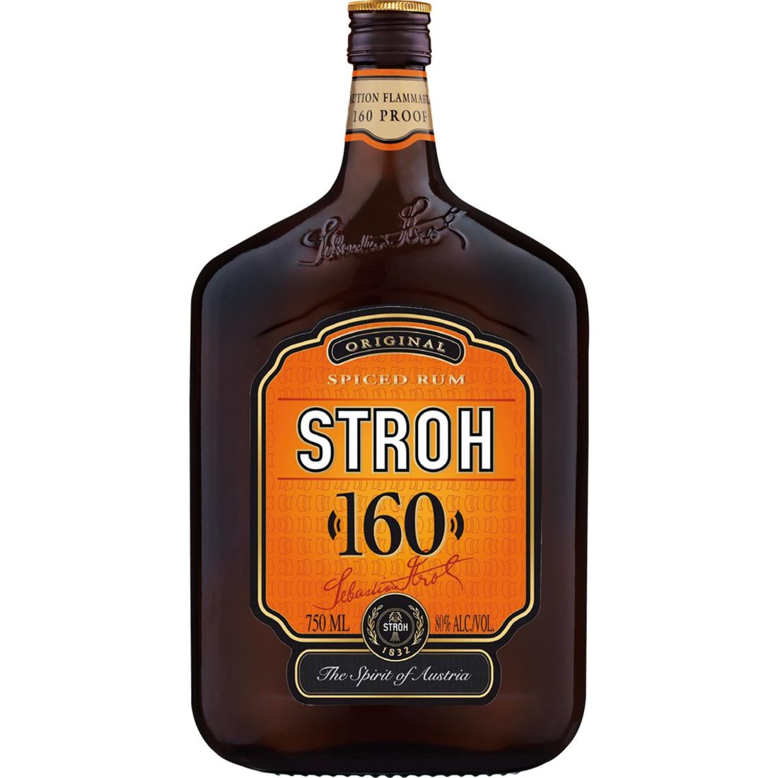 Bottle of Liquor Geeks Stroh Spiced Rum Original, 750ml, with amber-colored liquid and distinctive label.