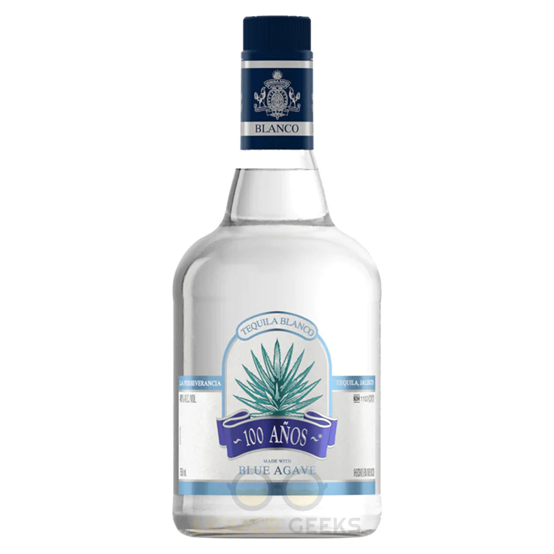 Clear 750ml bottle of 100 Anos Tequila Blanco by Liquor Geeks, featuring a sleek label and transparent glass bottle.