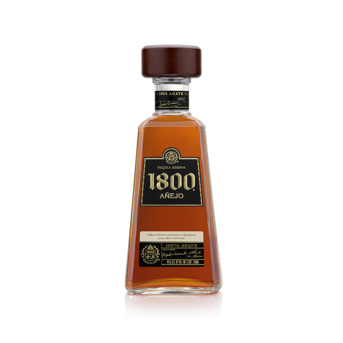 Bottle of Liquor Geeks 1800 Anejo Tequila in a 750ml clear glass bottle with a dark label, showcasing the premium tequila inside.