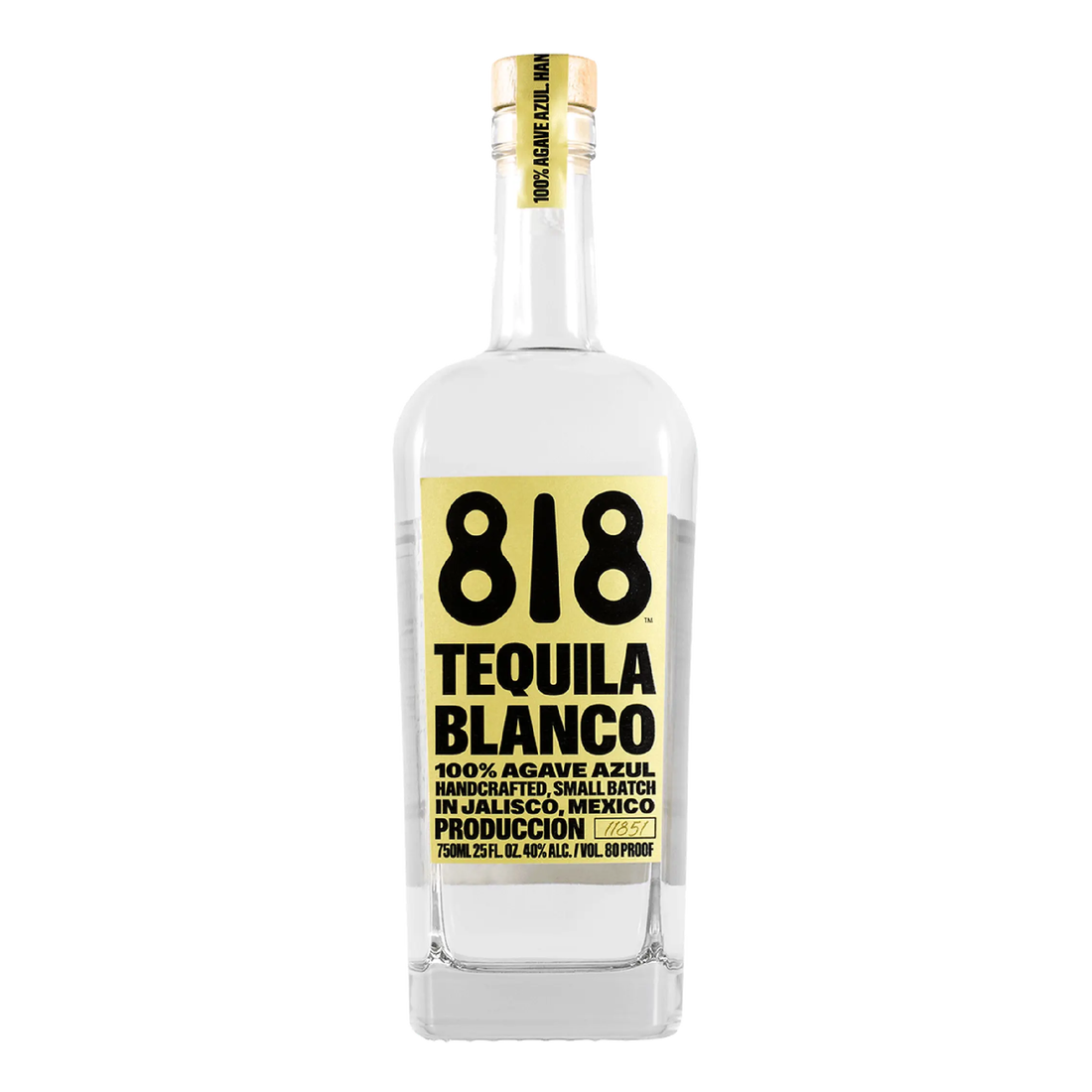 Clear 750ml bottle of Liquor Geeks 818 Tequila Blanco with a minimalist label and silver cap on a white background.