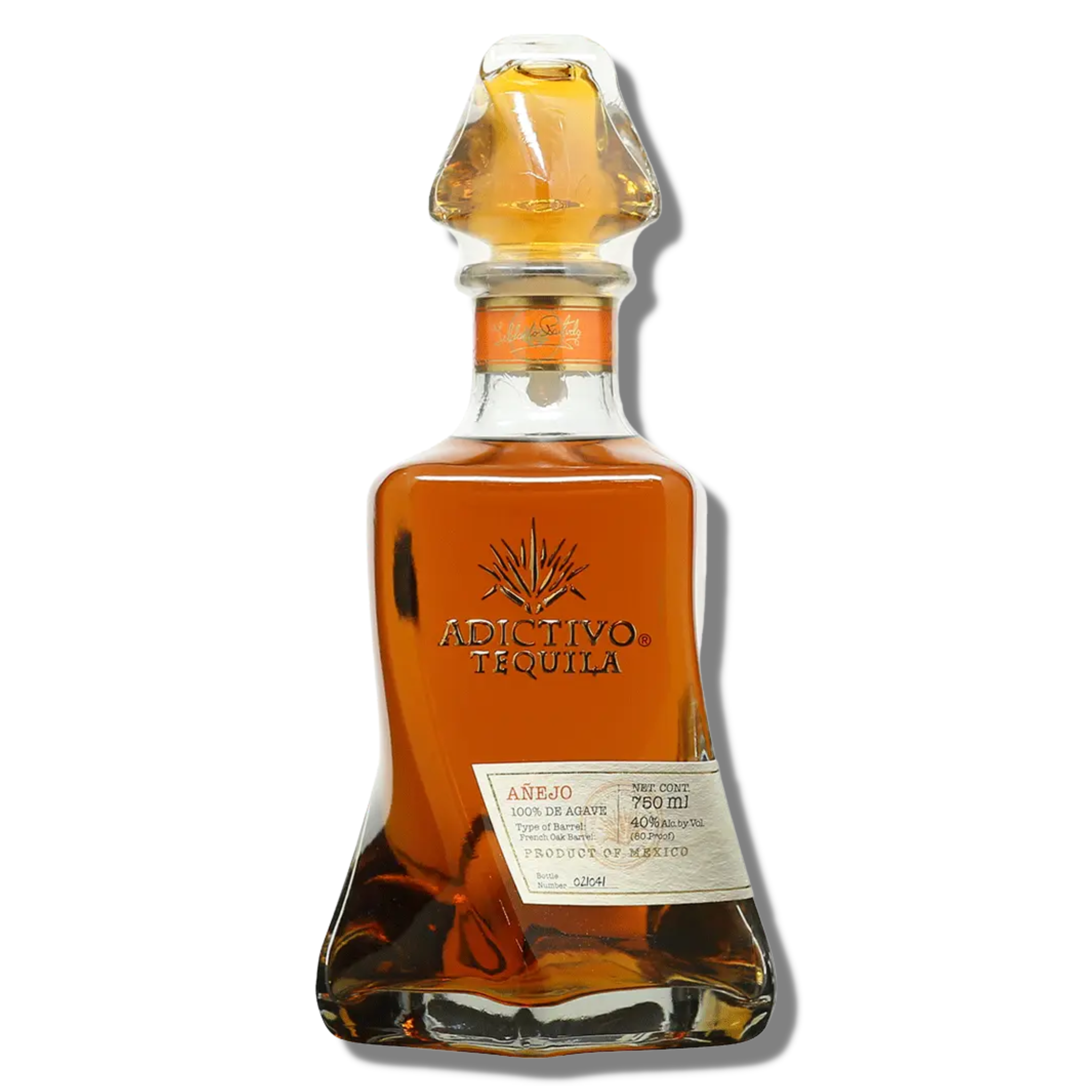 Bottle of Liquor Geeks Adictivo Tequila Añejo in a 750ml glass bottle with a detailed label, on a neutral background.