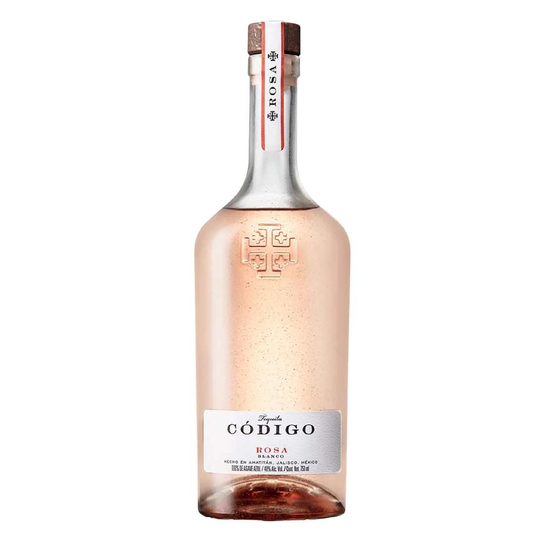 Código 1530 Tequila Blanco Rosa bottle with clear glass and pink hue, featuring a sleek label and silver cap.