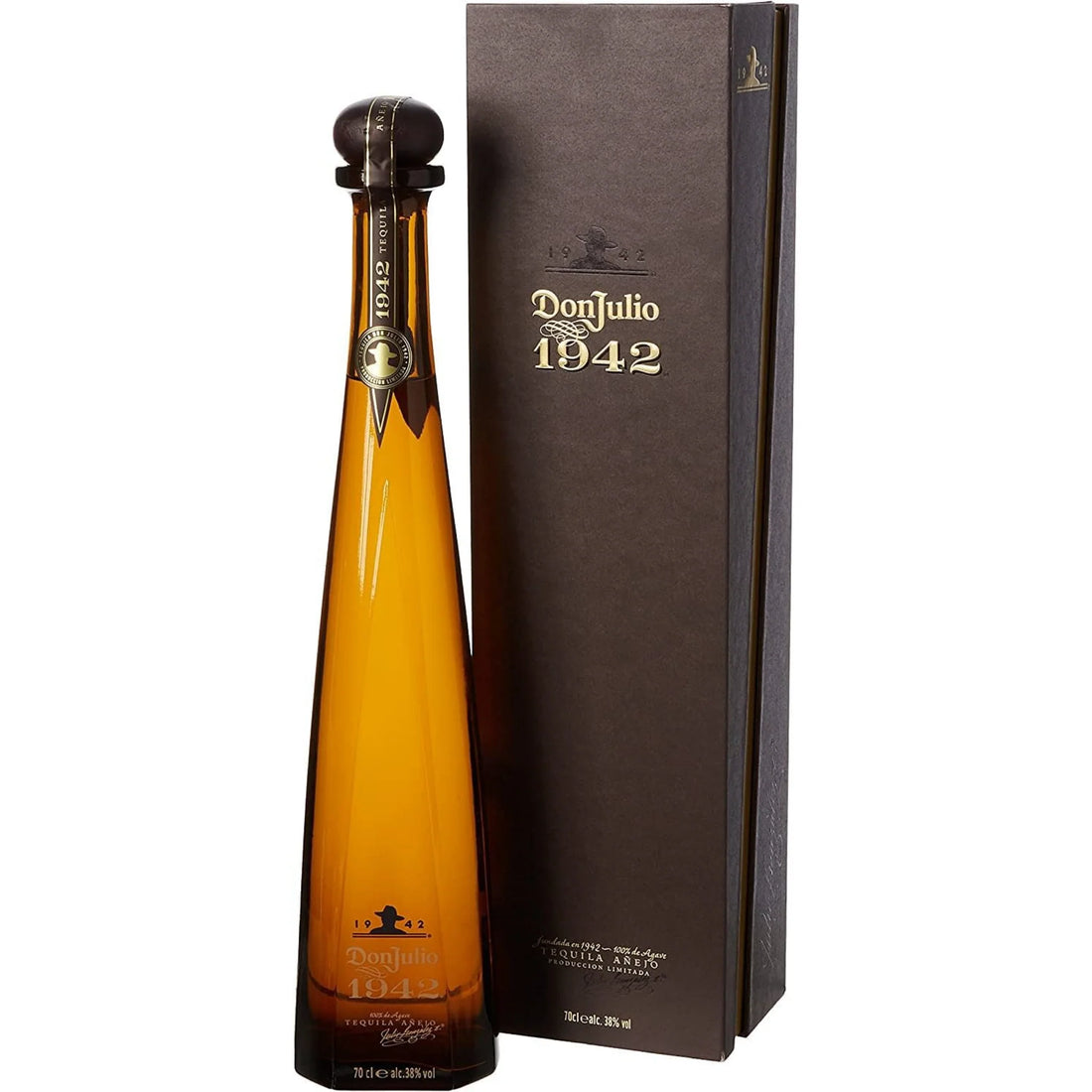 Don Julio 1942 Tequila Anejo in a clear bottle, showcasing its rich amber color and premium liquor branding.