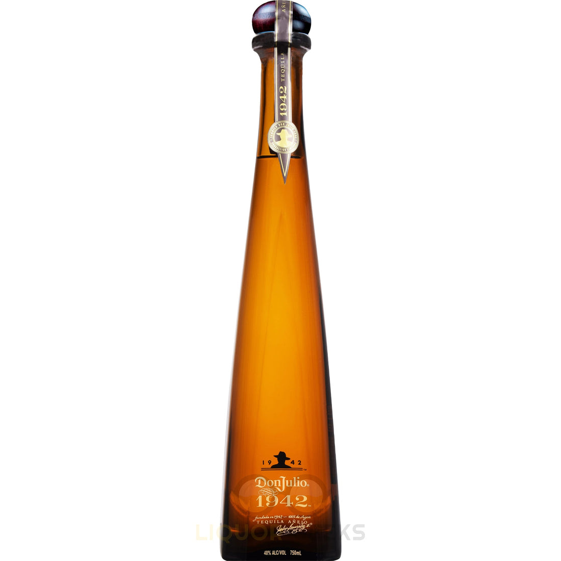 Bottle of Don Julio 1942 Tequila Anejo in clear glass with label, featuring a premium tequila from Liquor Geeks.