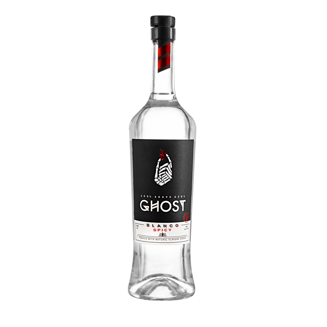 Clear bottle of Ghost Blanco Tequila by Liquor Geeks, showcasing its label and 750ml size on a plain background.