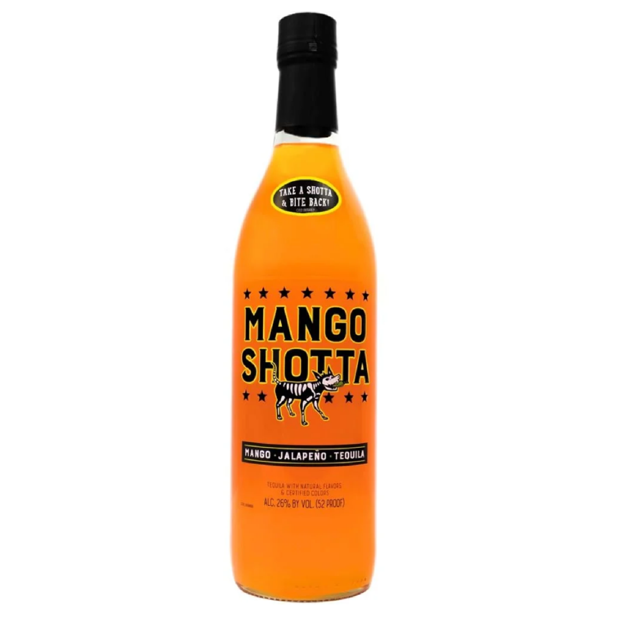 Bottle of Mango Shotta Tequila by Liquor Geeks, 750ml, with vibrant mango flavor and clear glass bottle showing the label