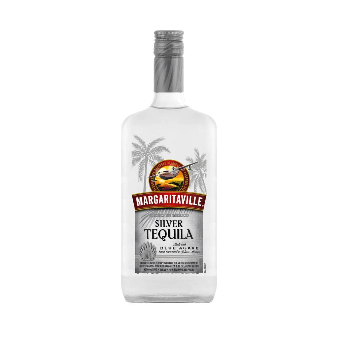 Clear glass bottle of Margaritaville Silver Tequila by Liquor Geeks, showcasing the label and silver tequila inside.