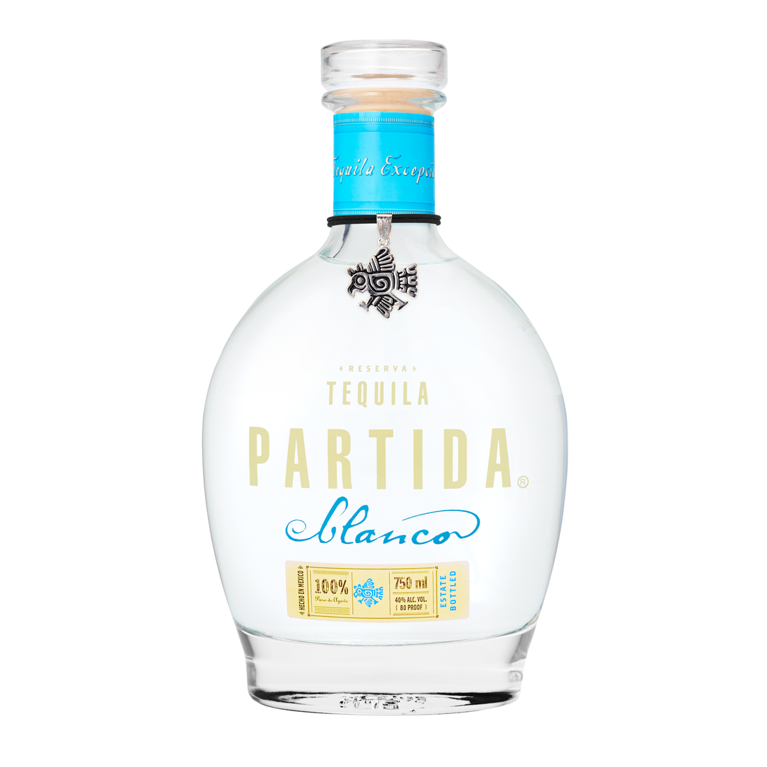Clear glass bottle of Liquor Geeks Partida Blanco Tequila with white label, 750 ml, showcasing the tequila inside.