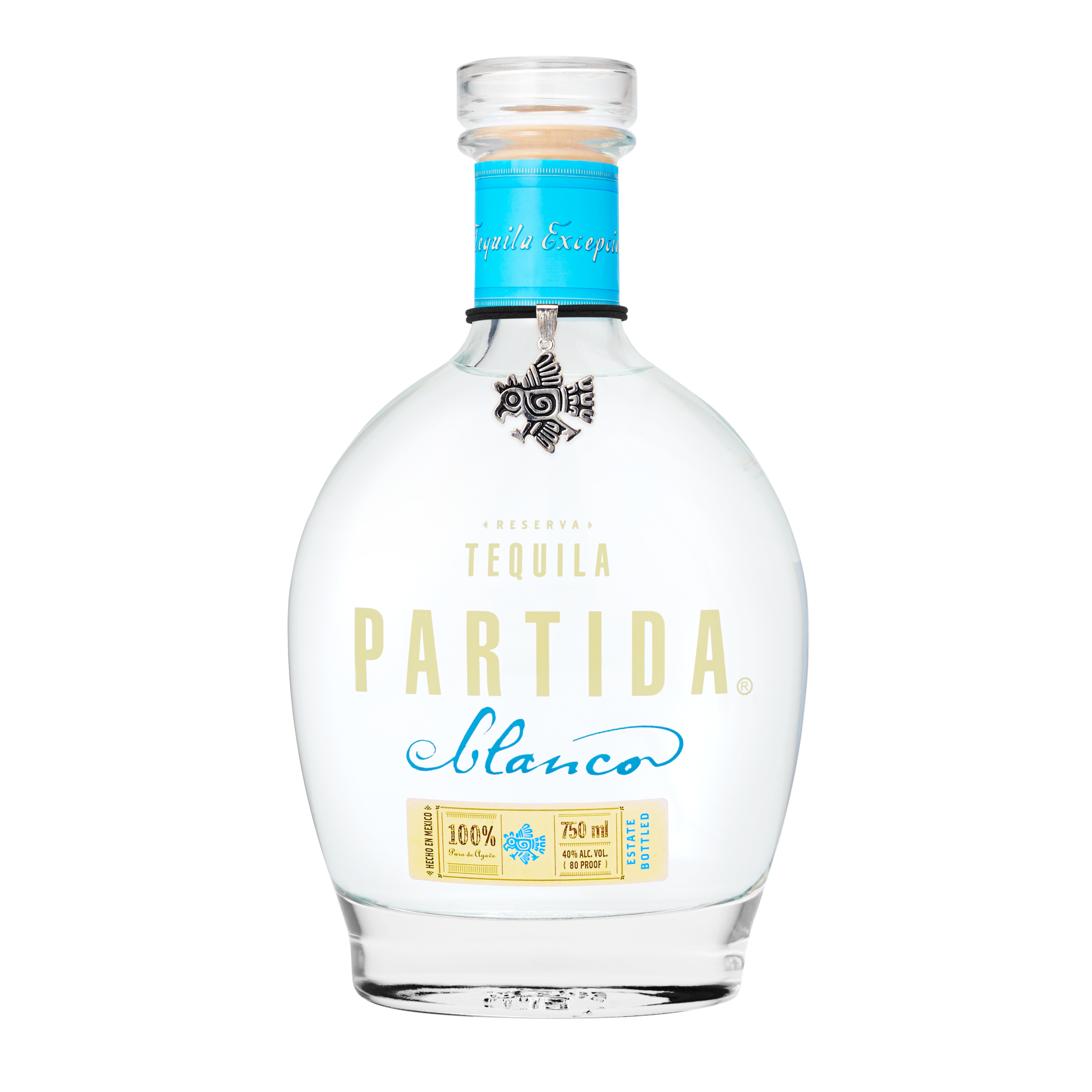 Clear glass bottle of Liquor Geeks Partida Blanco Tequila with white label, 750 ml, showcasing the tequila inside.