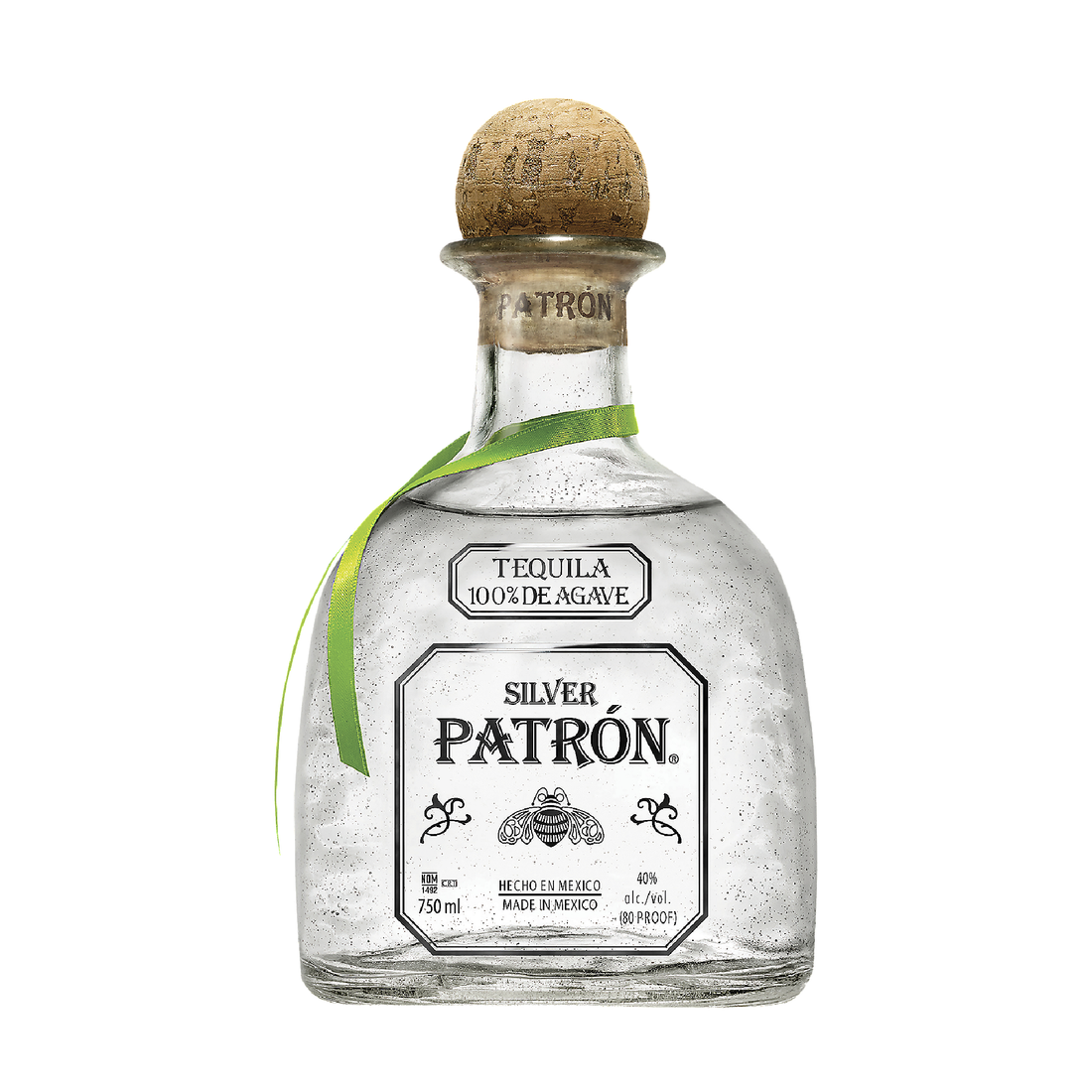 Clear bottle of Patron Tequila Silver with a silver label, showcasing the smooth, high-quality tequila inside.
