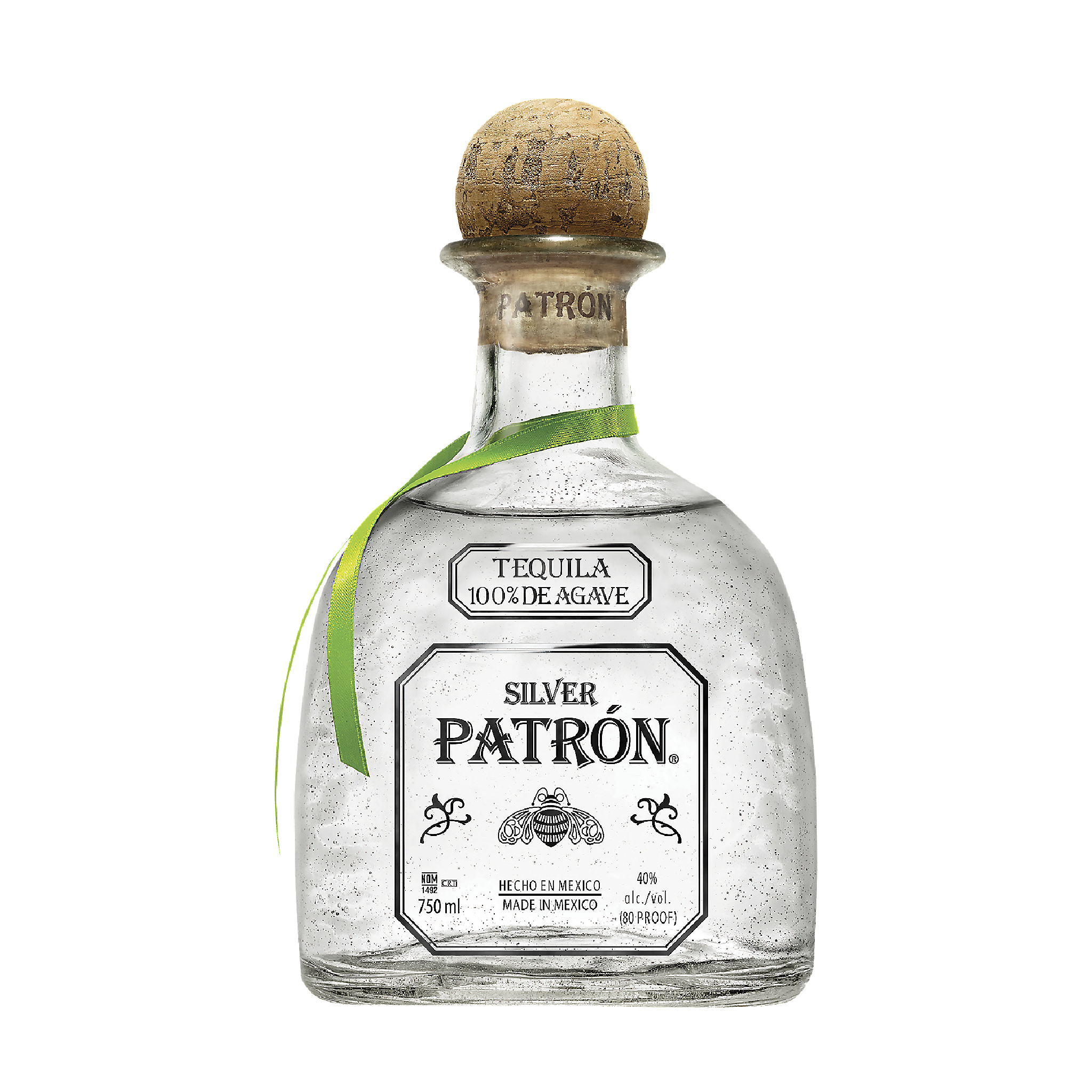 Clear bottle of Patron Tequila Silver with a silver label, showcasing the smooth, high-quality tequila inside.