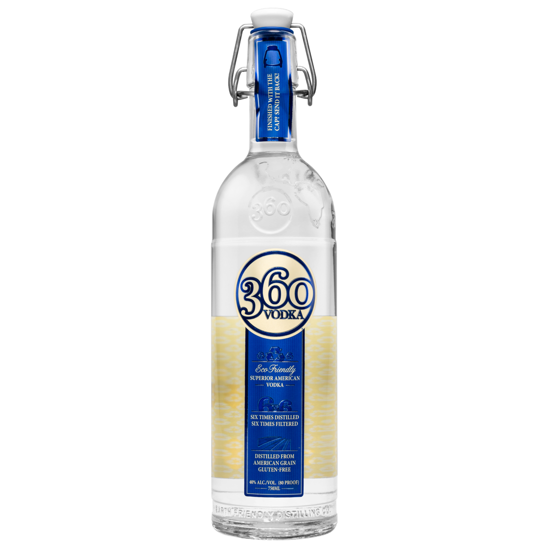Clear 750ml bottle of 360 Vodka by Liquor Geeks, featuring a sleek label and transparent glass container.