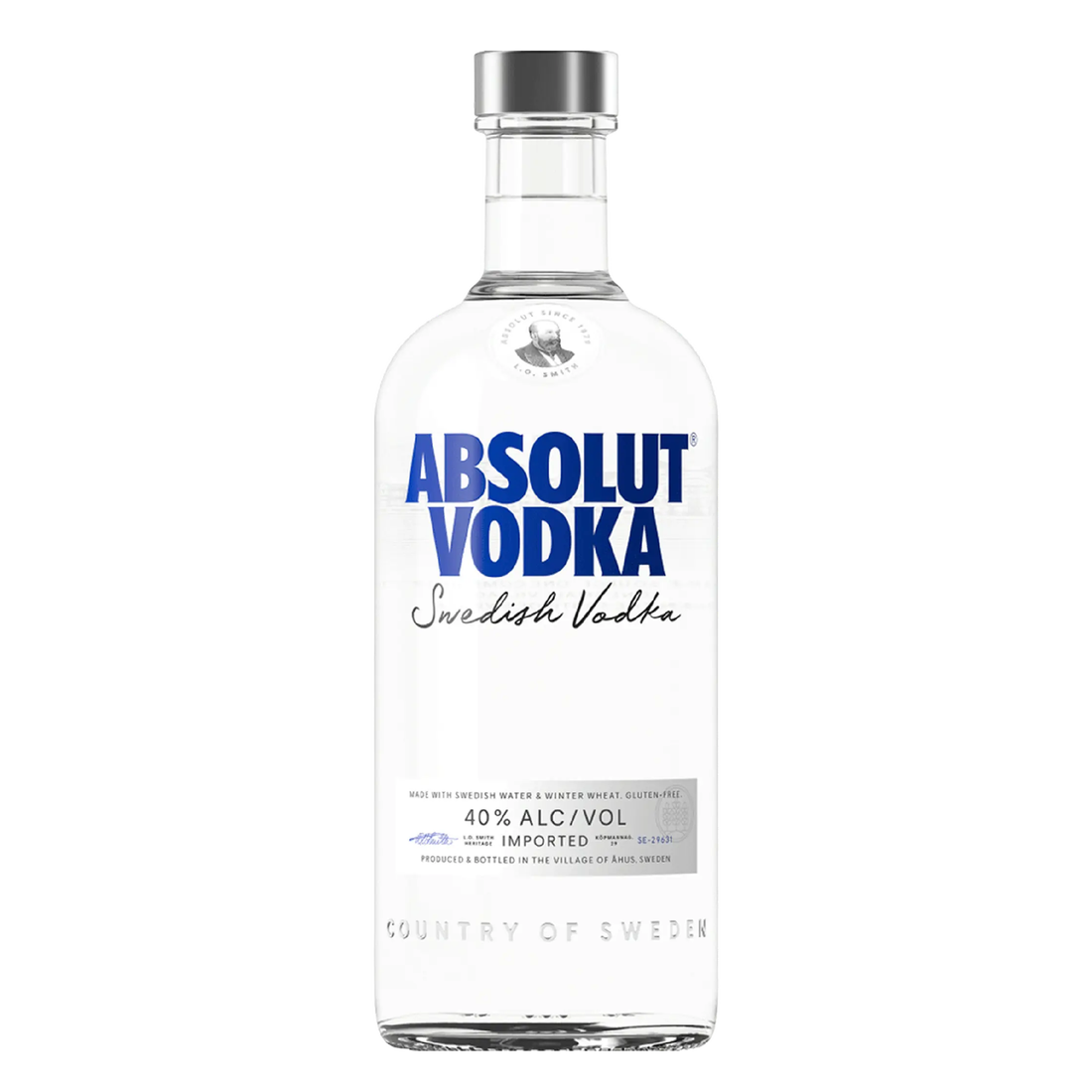 Clear 750ml bottle of Absolut Vodka with a blue and white label, displayed upright, showcasing the iconic brand design.