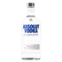 Clear 750ml bottle of Absolut Vodka with a blue and white label, displayed upright, showcasing the iconic brand design.