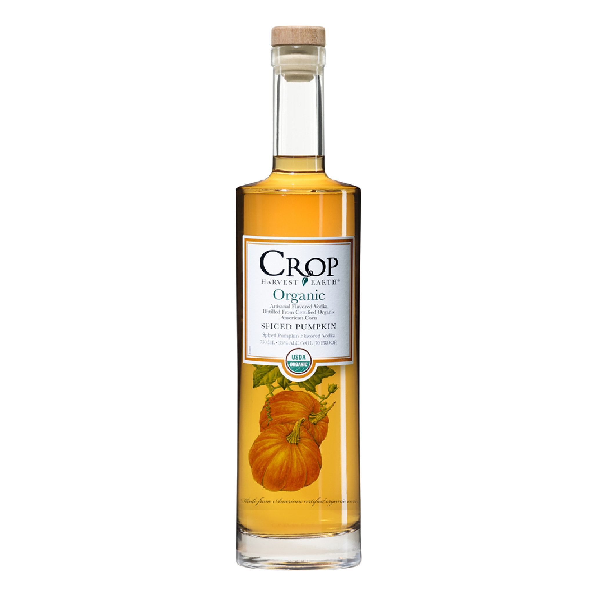 Bottle of Liquor Geeks Crop Organic Vodka Spiced Pumpkin, 750ml, with spiced pumpkin flavor and organic ingredients.