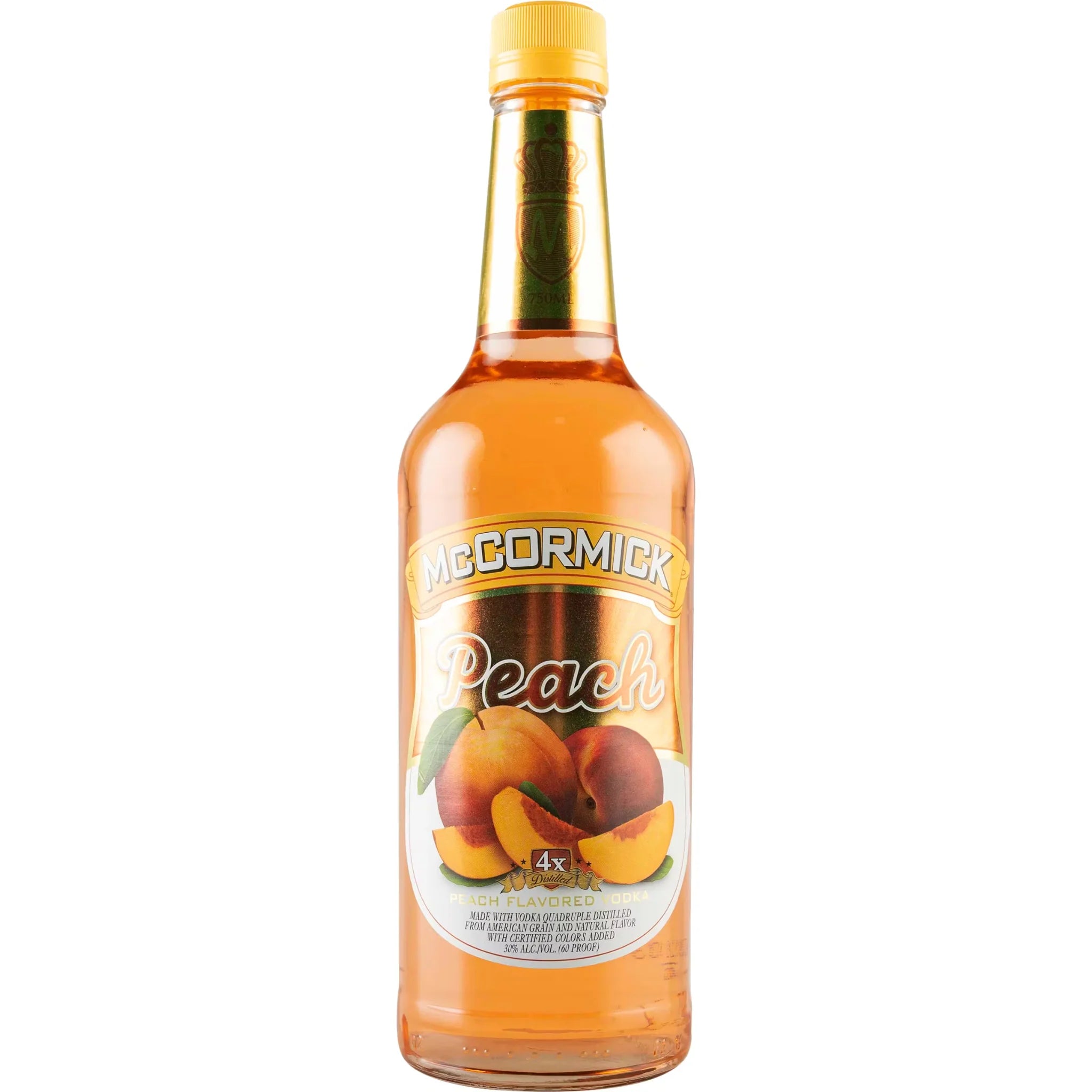 Liquor Geeks McCormick Peach Vodka 750ml bottle showing the label and clear glass bottle of peach-flavored vodka.