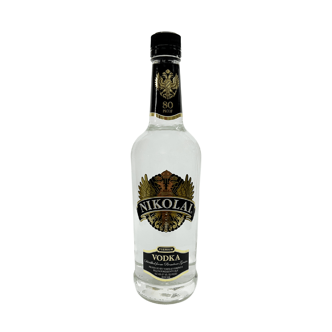 Clear bottle of Nikolai Vodka from Liquor Geeks with a minimalist label and a sleek, transparent design.