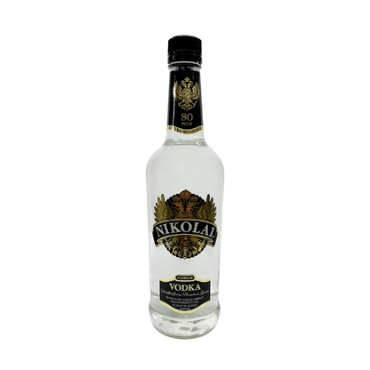Clear bottle of Nikolai Vodka from Liquor Geeks with a minimalist label and a sleek, transparent design.