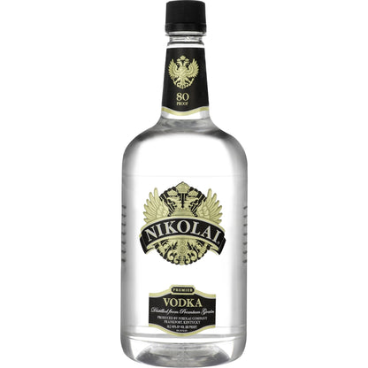 Clear Nikolai Vodka bottle from Liquor Geeks, 750ml, with sleek label and transparent glass showcasing the vodka inside.