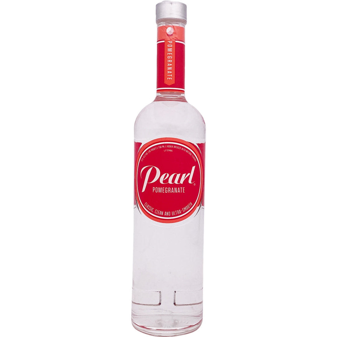 Bottle of Liquor Geeks Pearl Pomegranate Vodka 750ml with clear label and elegant design.