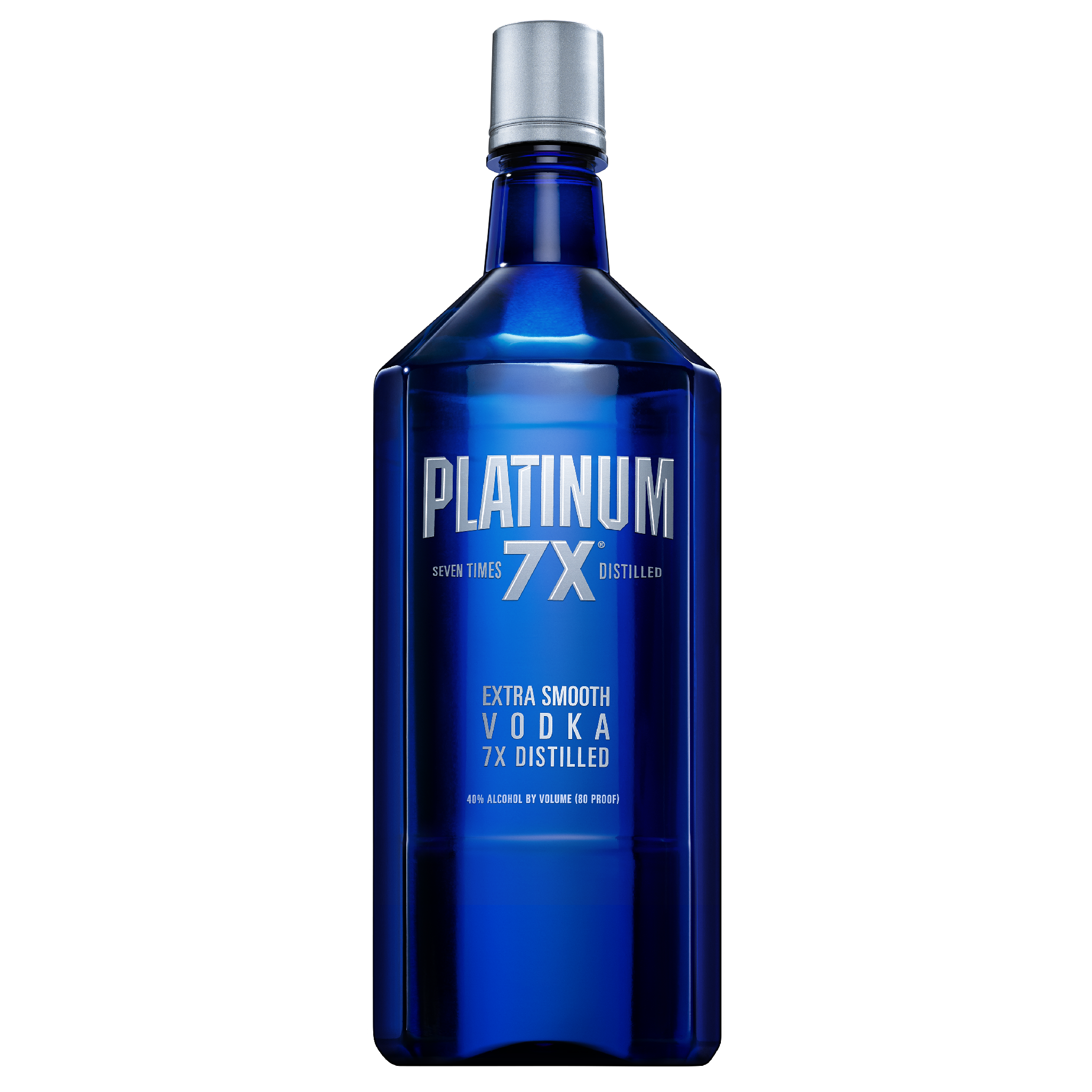 Clear 750ml bottle of Platinum 7X Vodka by Liquor Geeks with sleek label design and transparent liquid inside.