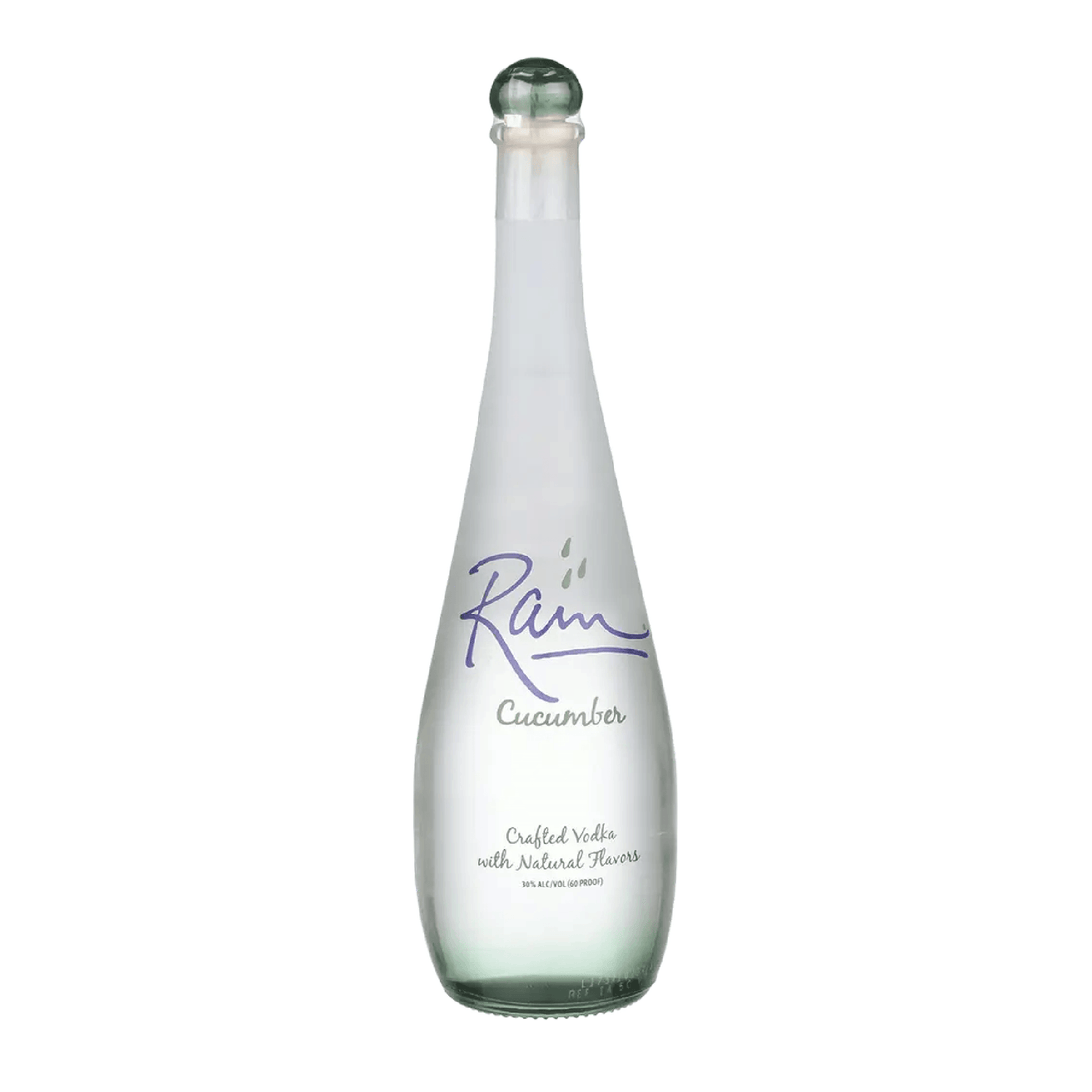 Bottle of Liquor Geeks Rain Cucumber Vodka 750ml with clear label and green cucumber imagery on the label.