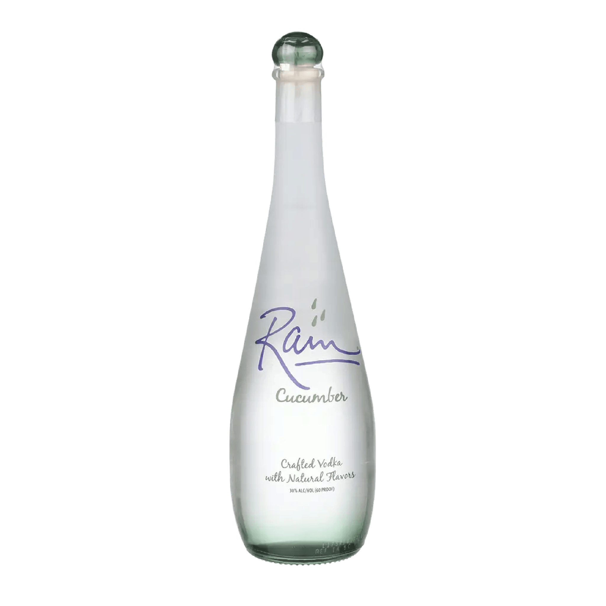 Bottle of Liquor Geeks Rain Cucumber Vodka 750ml with clear label and green cucumber imagery on the label.