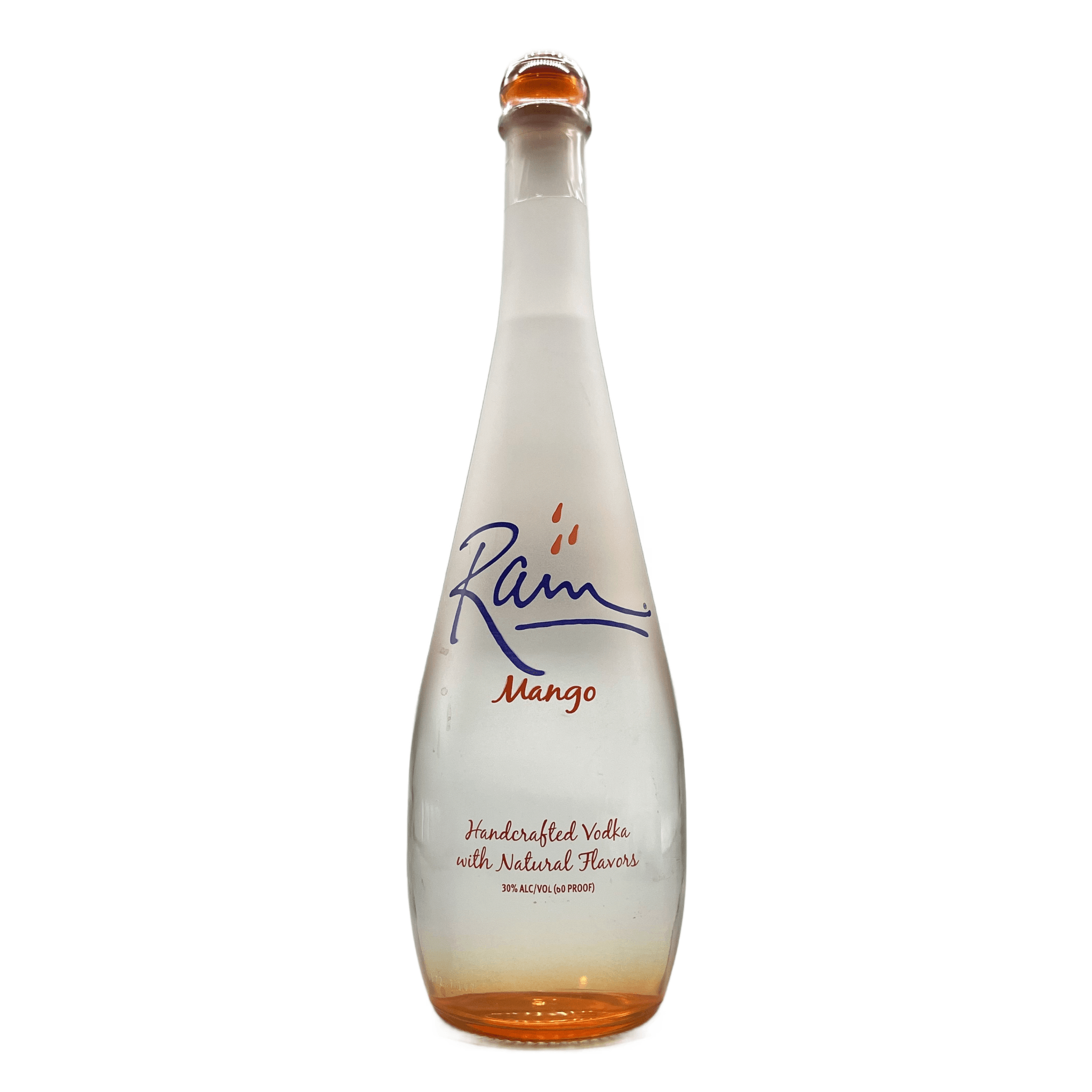 Bottle of Rain Mango Gluten Free Vodka by Liquor Geeks, 750ml, with vibrant mango-themed label and clear glass bottle.