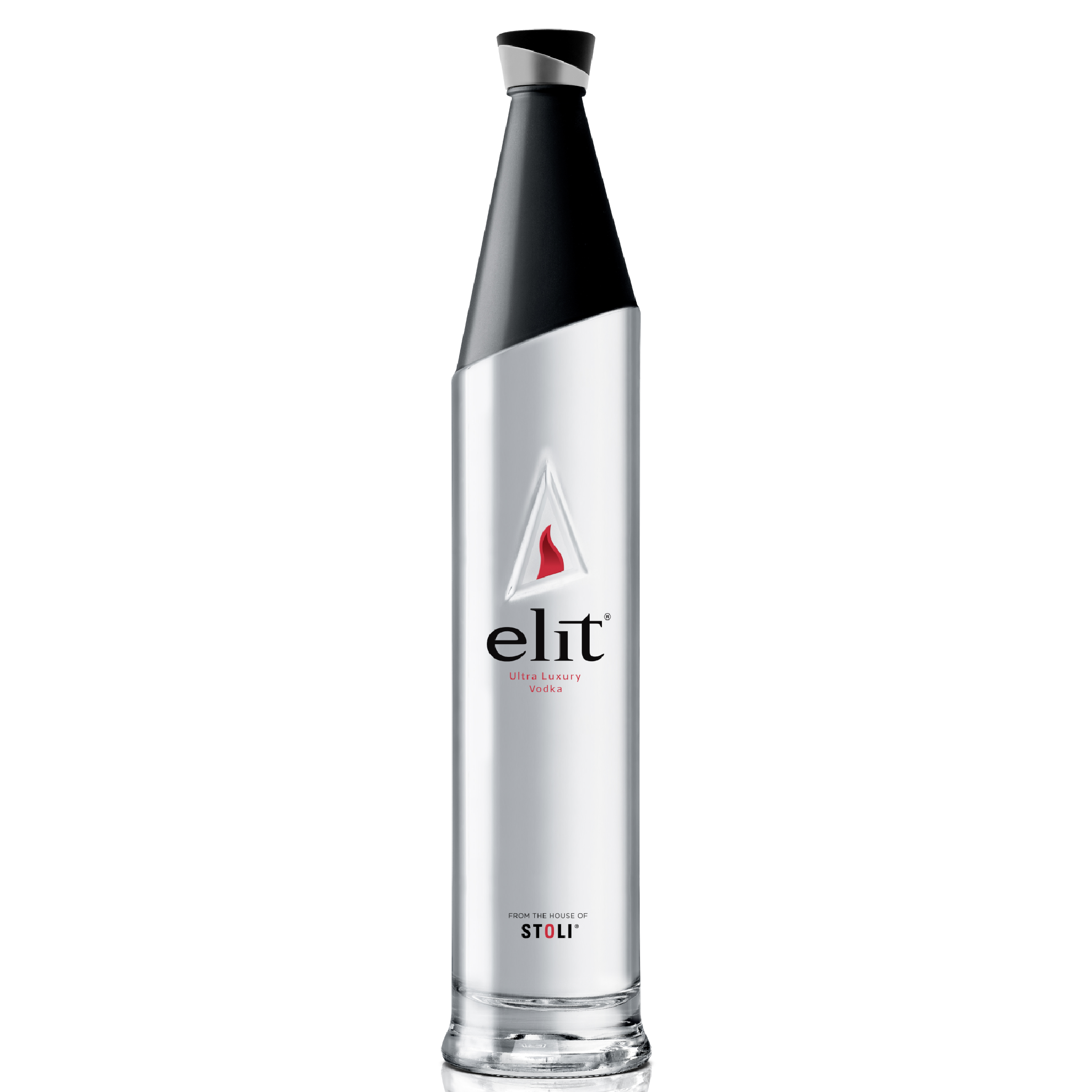 Clear bottle of Stoli Elit Vodka from Liquor Geeks, showcasing its sleek design and label with 750ml capacity.